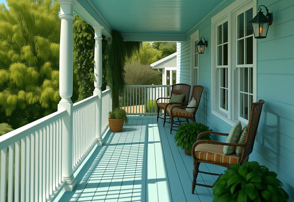 Charming cottage porch with blue floors and white railings surrounded by greenery