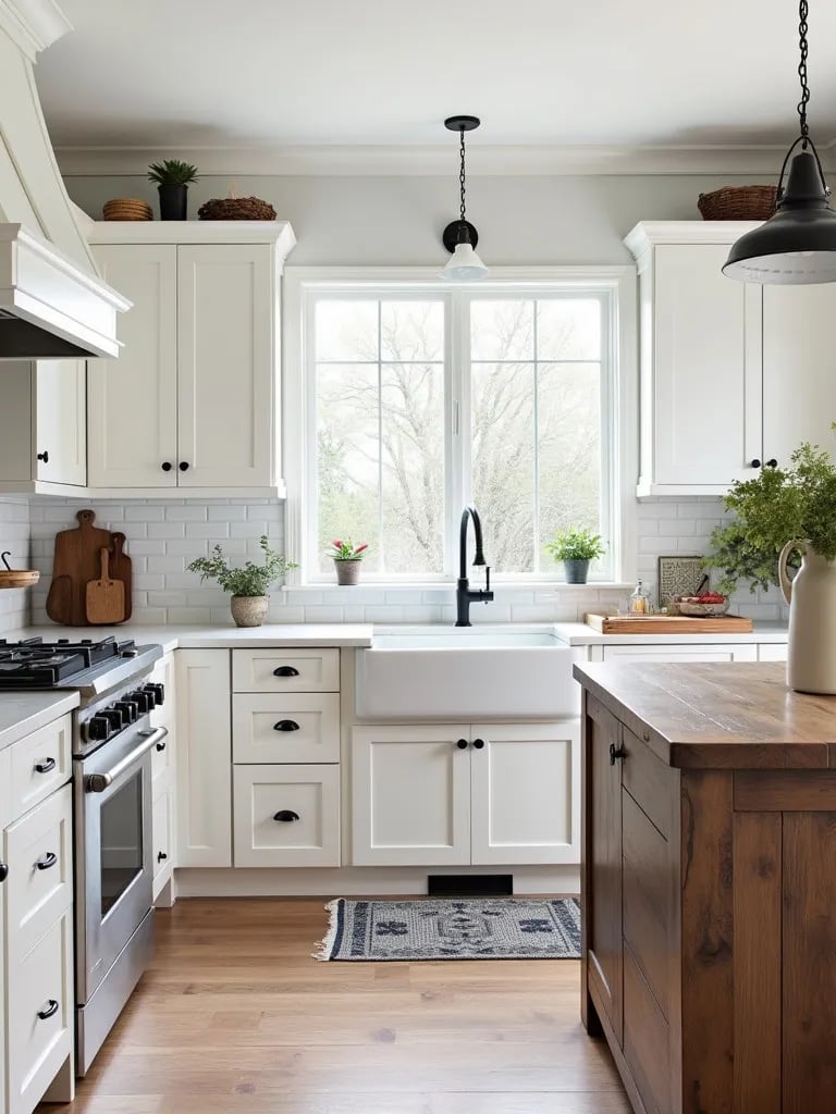 Charming kitchen with farmhouse sink and black metal accents