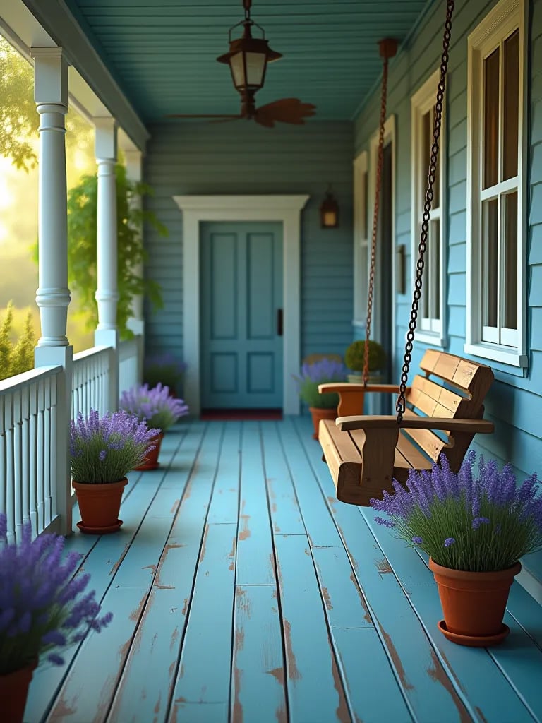 Charming porch with blue wooden floor, swing, and lavender plants in soft light