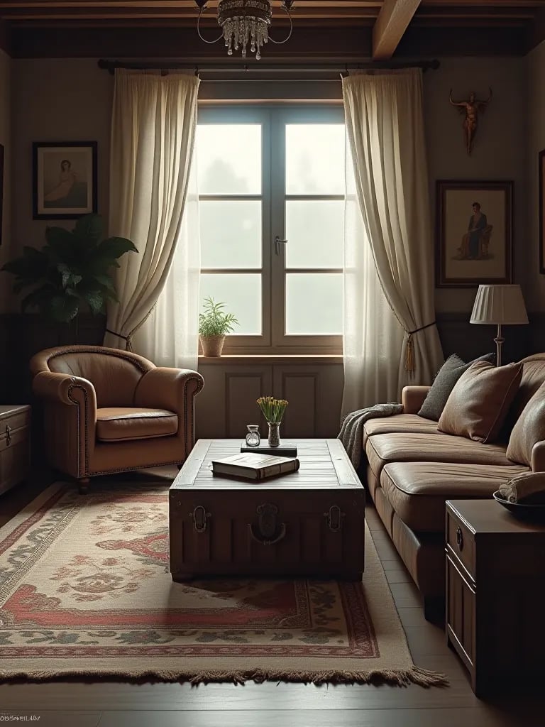 Charming rustic living room with mix of old and new furniture pieces
