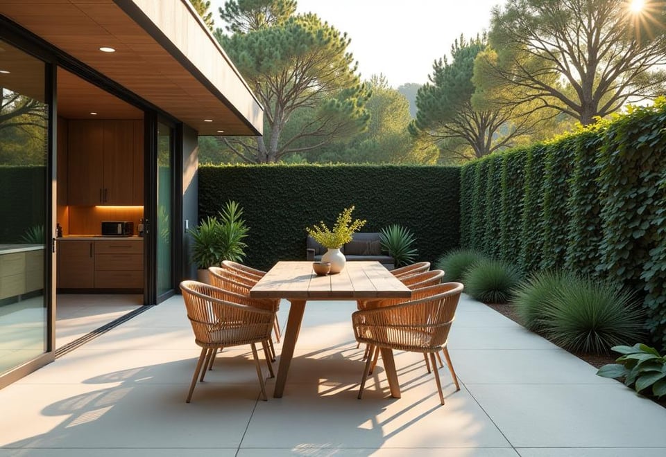 Chic backyard patio with glass top dining table and outdoor bar area