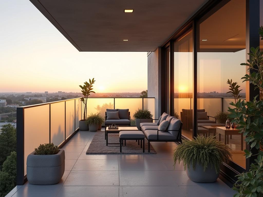 Chic balcony featuring frosted glass privacy screen and modern furnishings