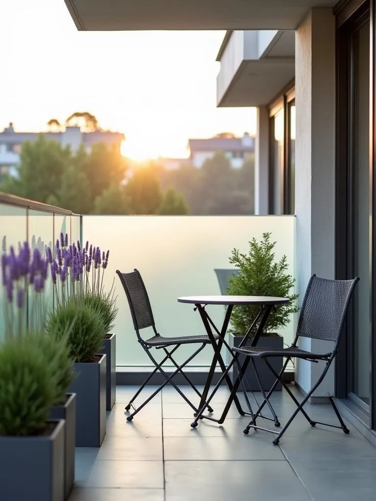 Chic balcony featuring glass privacy screen, potted lavender, and small table set