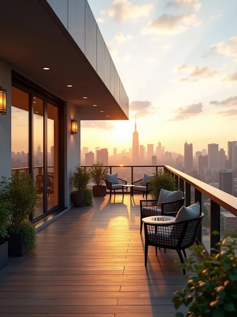 Chic balcony featuring wooden decking and urban landscape