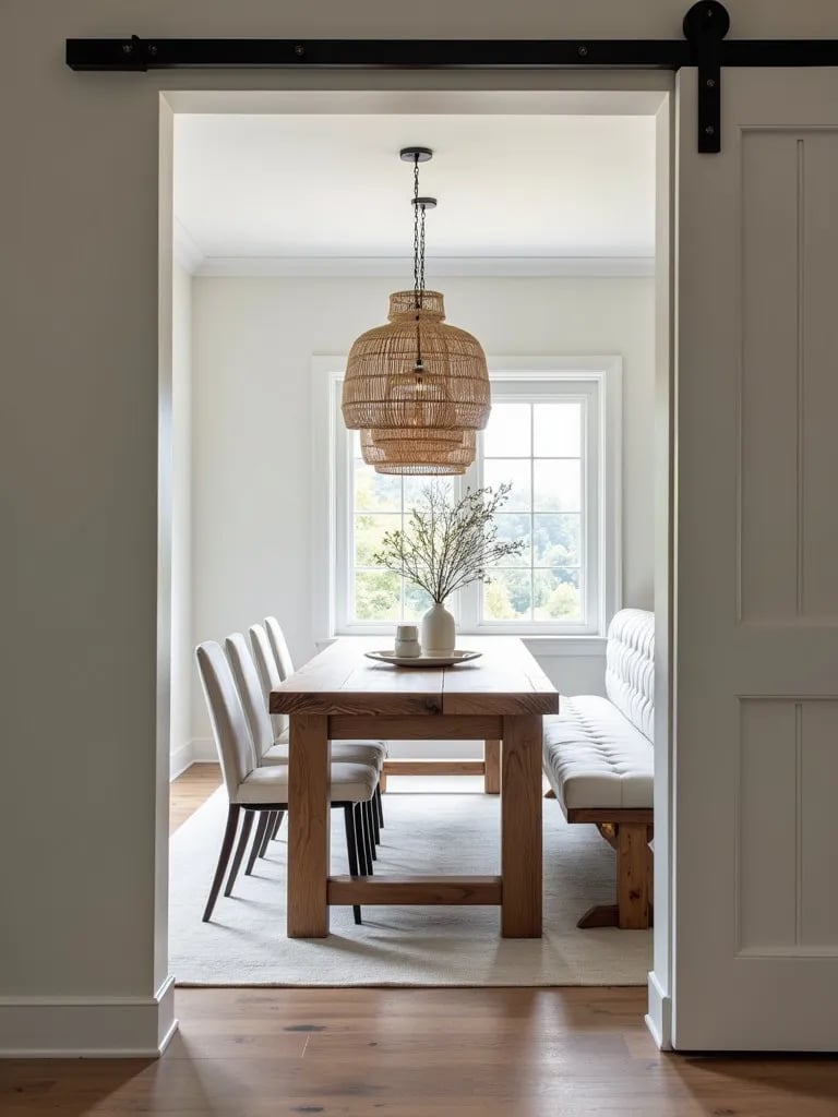 Chic dining area featuring rustic table with modern chairs and bench seating