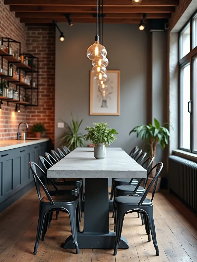 Chic dining space with concrete table and exposed brick walls