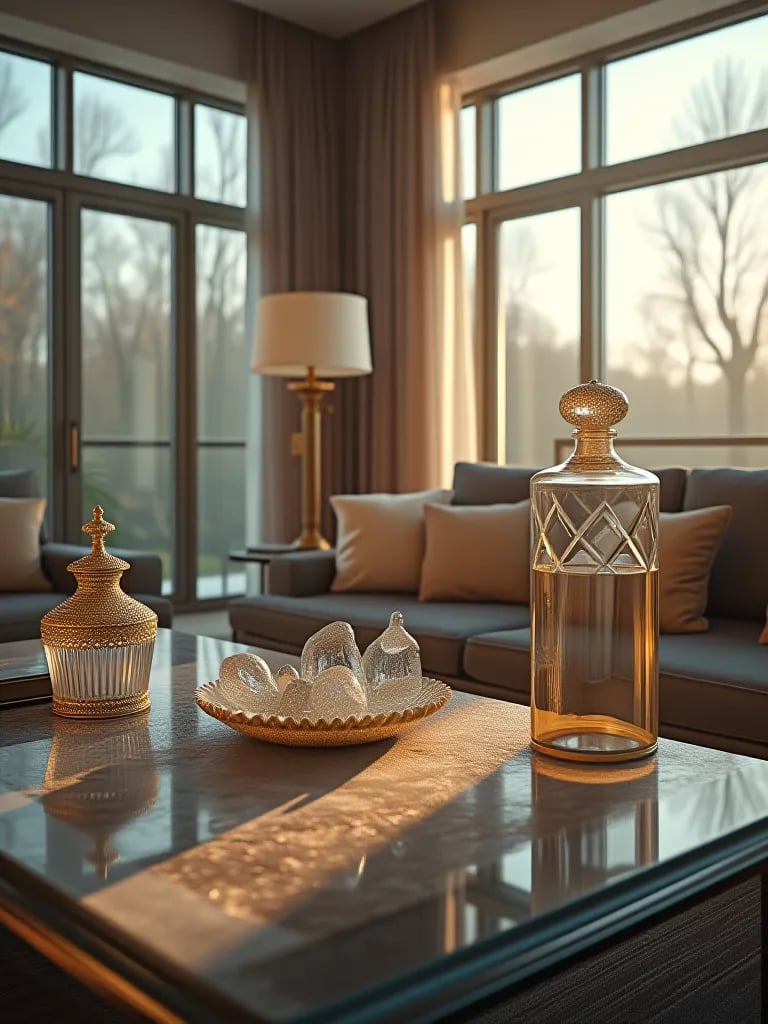 Chic living room with crystal accessories gleaming in natural light