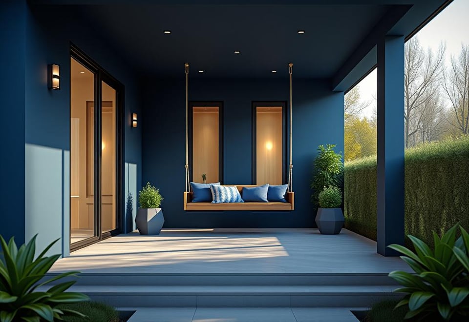Chic navy blue porch with modern swing and planters, viewed from below