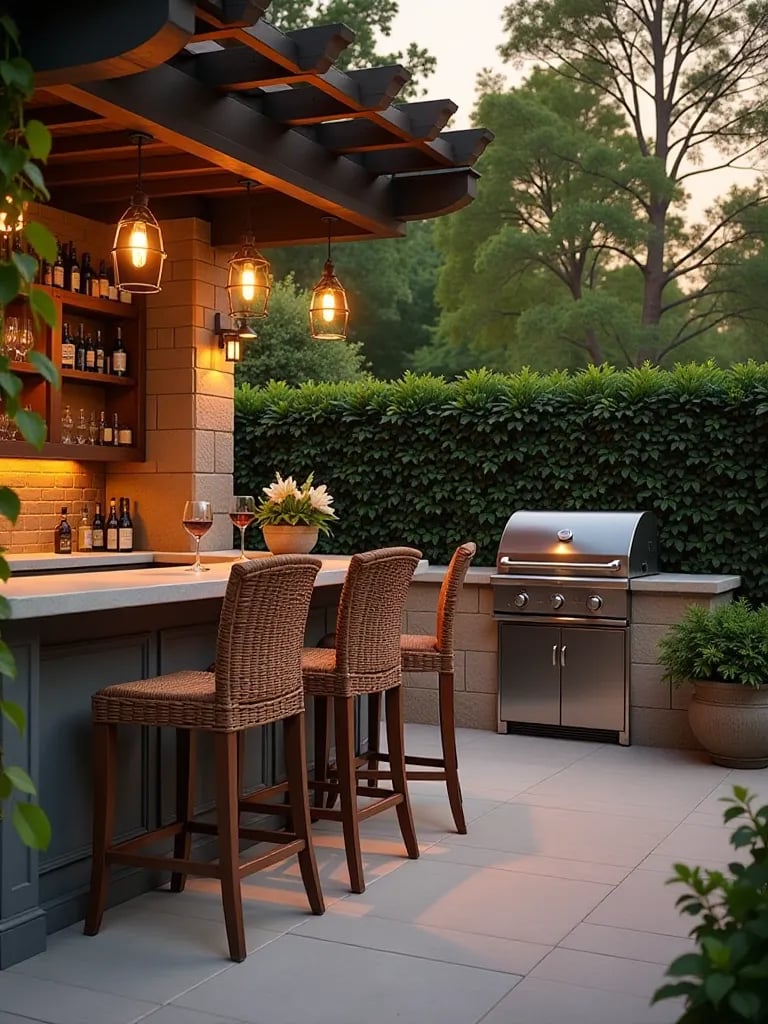 Chic outdoor bar setup with rattan furniture and copper accents in evening light