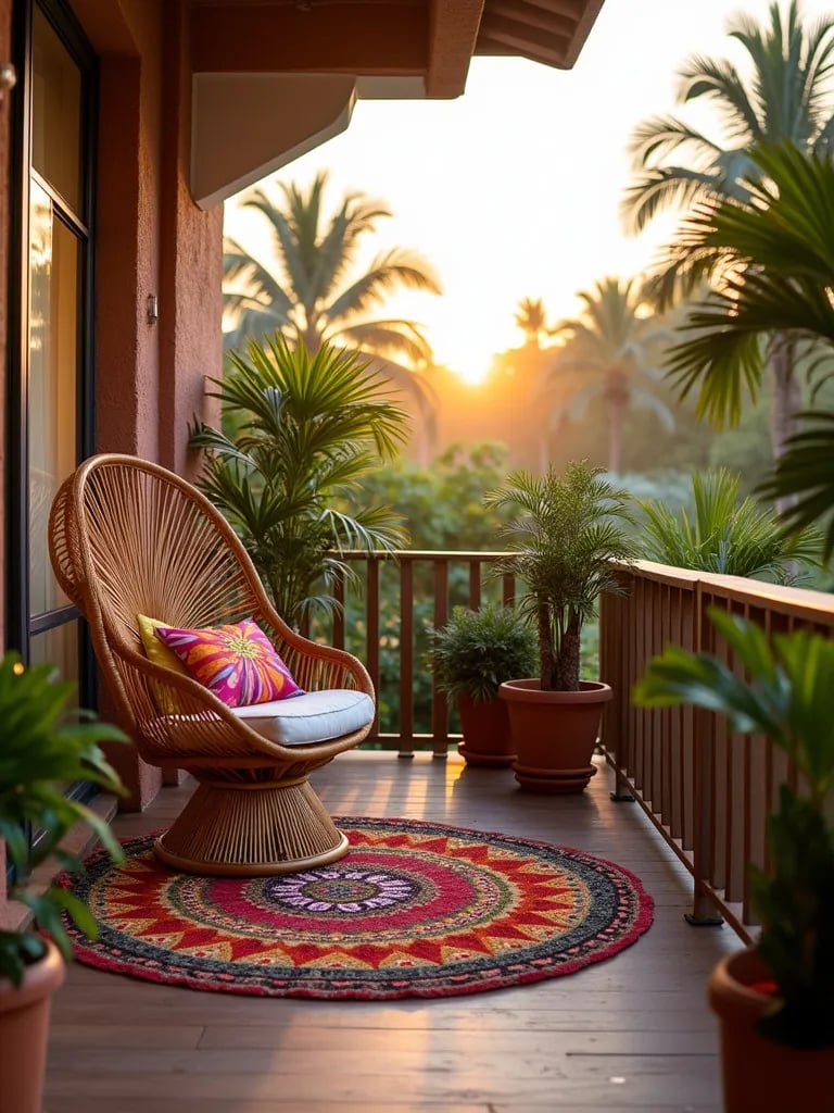 City balcony transformed into a tropical paradise with budget friendly decor