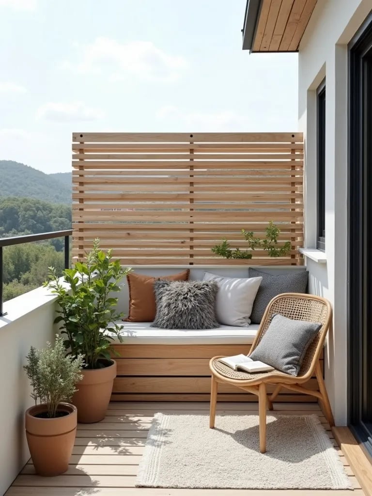 Clean, bright balcony with Scandinavian style DIY elements and seating area