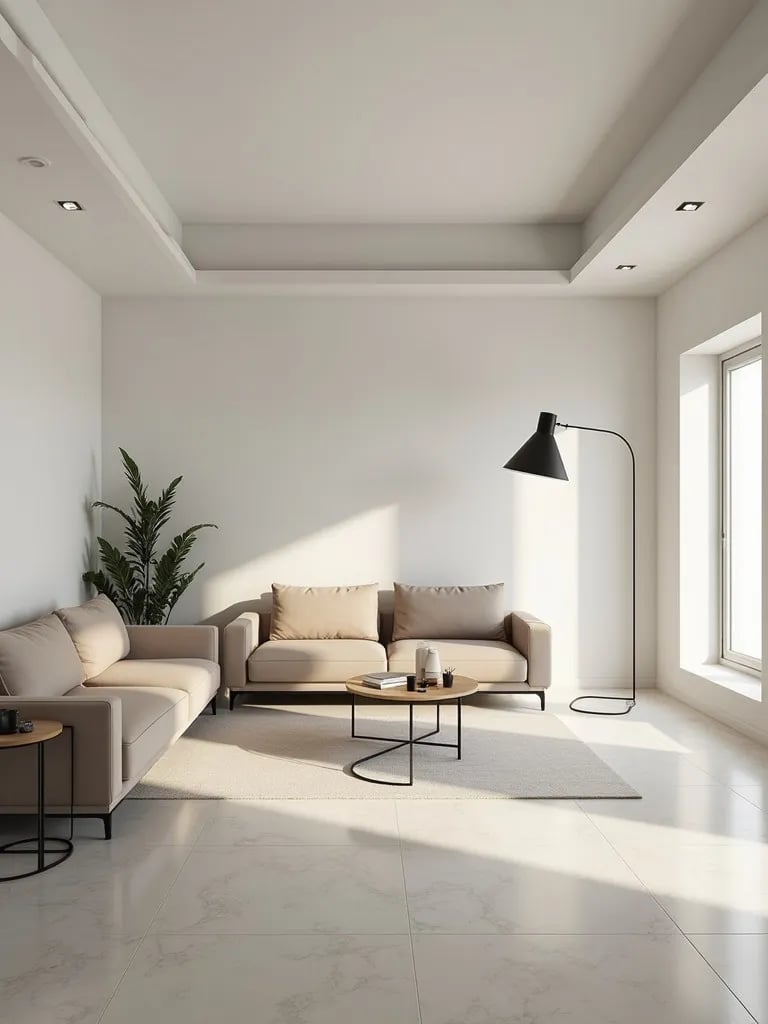 Clean, bright living room with minimalist lighting fixtures