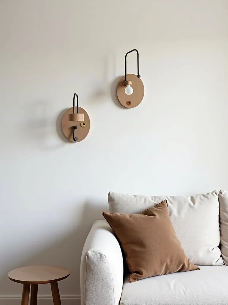 Clean lined Scandinavian living room featuring sleek adjustable wall sconces