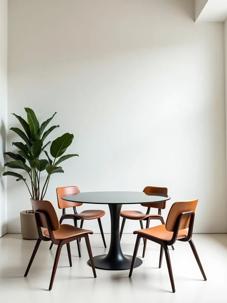 Clean lined dining room with glass table, iconic chairs, and corner plant