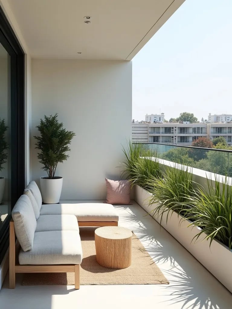 Clean, modern balcony design with geometric elements and privacy screen
