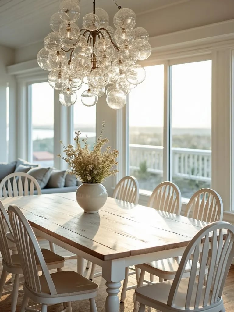 Coastal dining room with glass bubble chandelier over whitewashed table