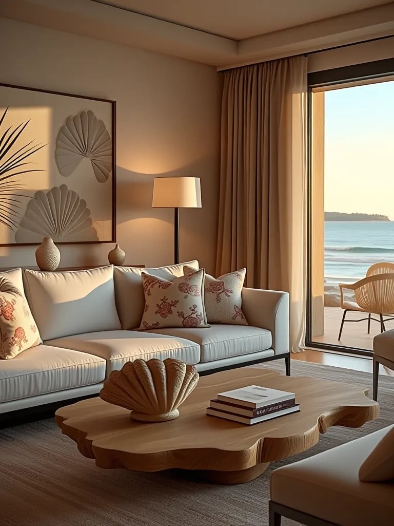 Coastal inspired luxury living room with seashell decor in warm light