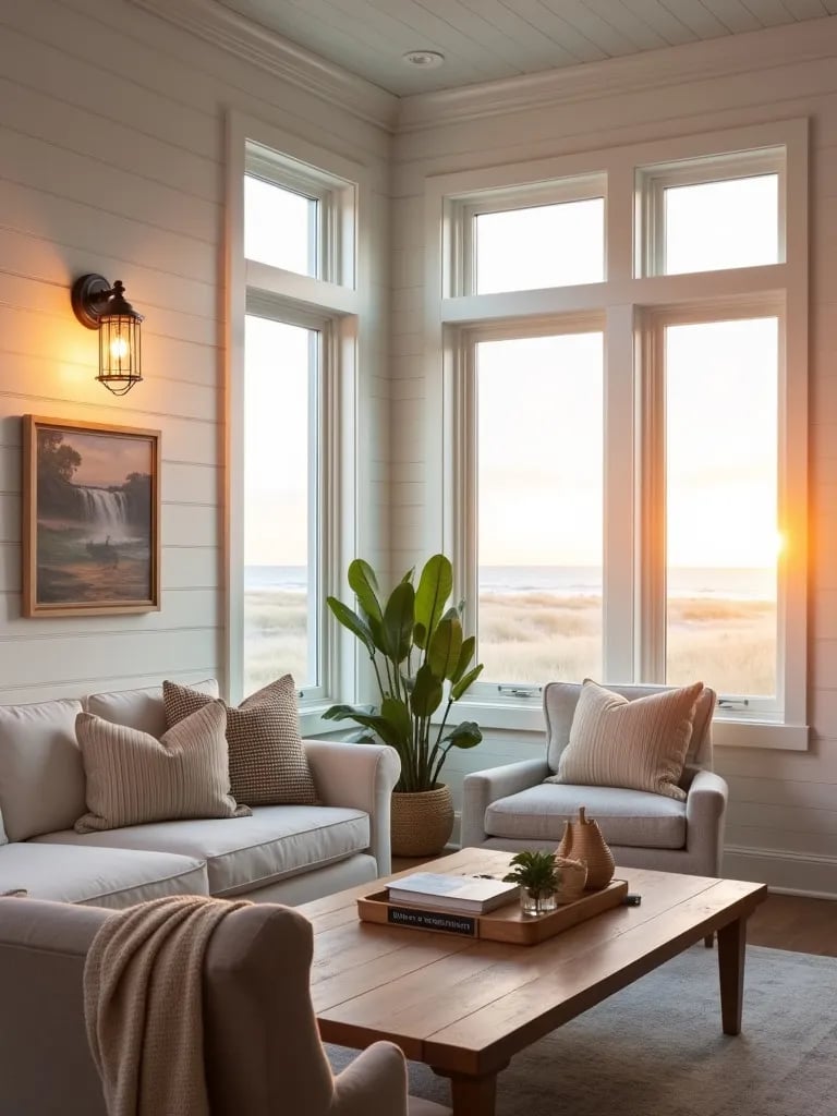 Coastal living room with nautical brass wall sconces on shiplap walls at sunset