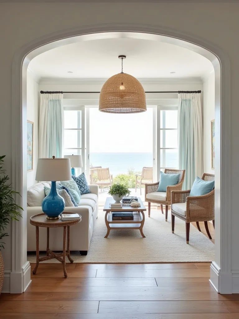 Coastal living room with rattan pendant, blue glass lamps, and rope floor lamp