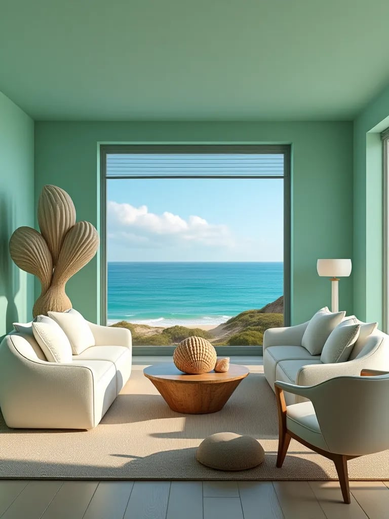 Coastal living room with sea foam green walls and ocean view