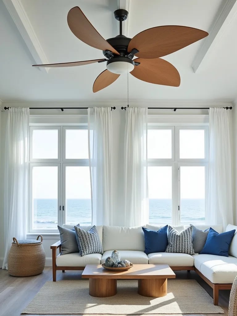 Coastal living room with wind powered ceiling fan light fixture