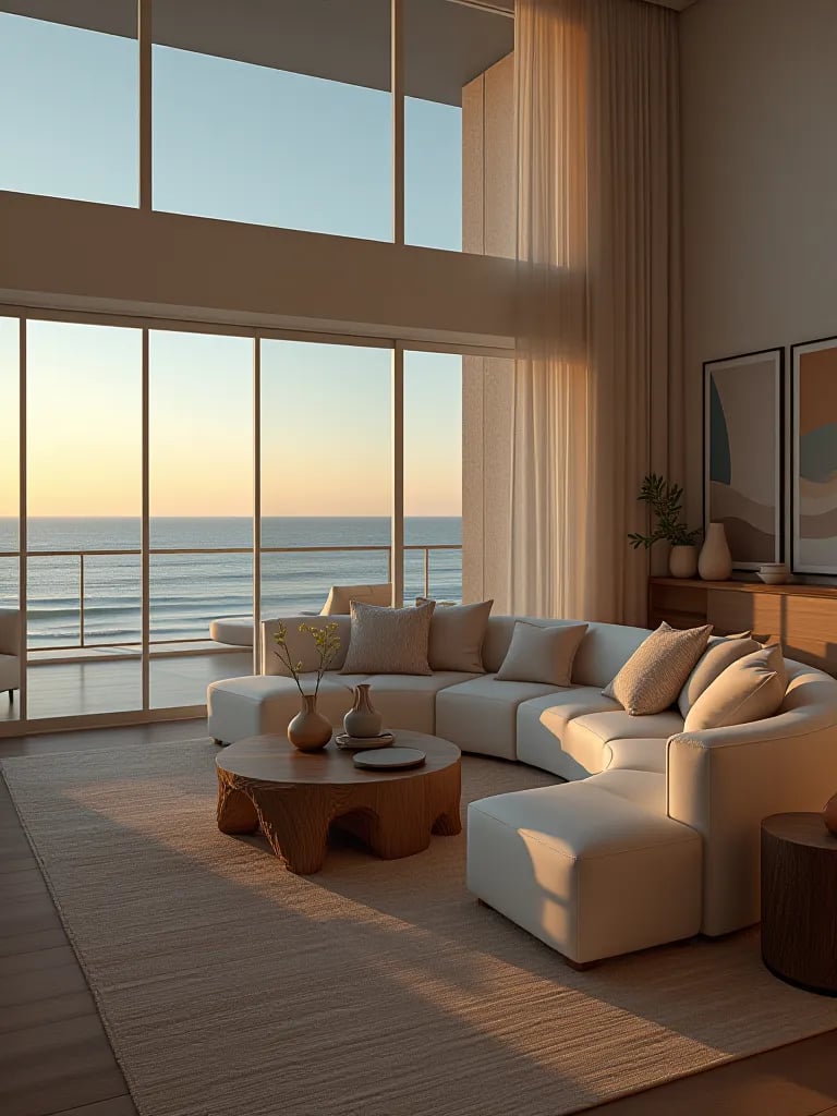 Coastal luxury living room with ocean view, white sofa, and driftwood table
