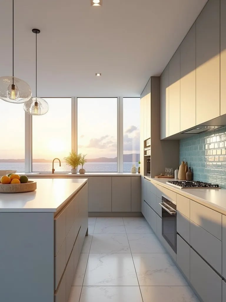 Coastal modern kitchen with grey cabinets and blue glass tile backsplash