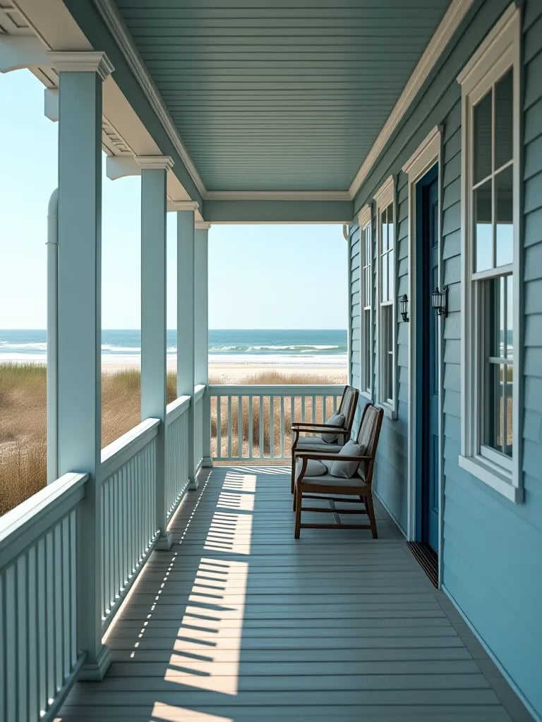 Coastal porch with blue gray floor and white trim overlooking beach