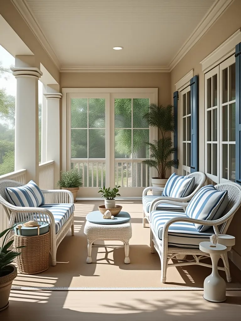 Coastal themed back porch with beige walls and nautical accents