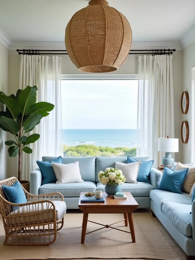 Coastal themed living room with large rattan pendant light and blue accents