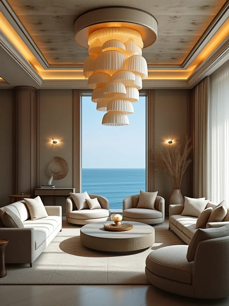 Coastal themed luxury living room with shell chandelier and textured decor
