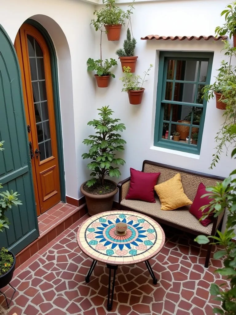 Colorful Mediterranean balcony with mosaic table and whitewashed planters