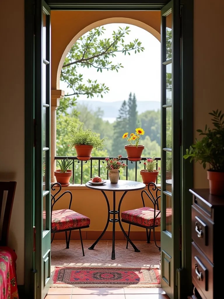 Colorful Mediterranean inspired balcony seen from apartment interior