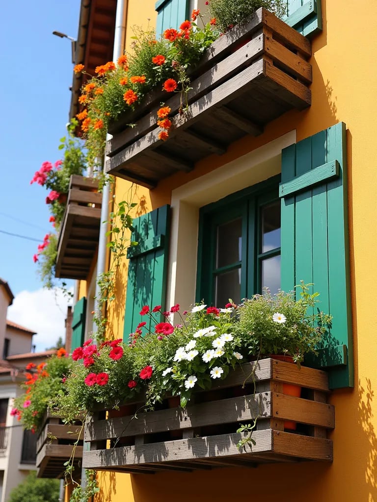 Colorful balcony featuring vertical garden made from tiered wooden crates