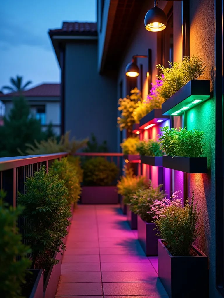Colorful balcony garden with solar lights and LED planters