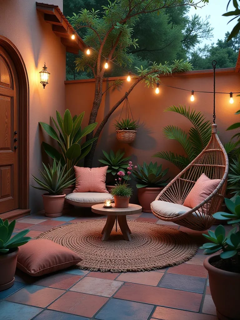 Colorful bohemian patio with Moroccan tiles and macramé chairs at twilight