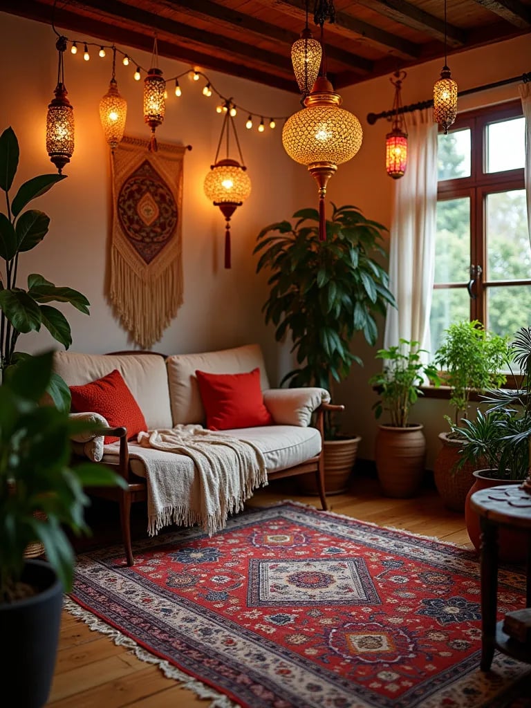 Colorful bohemian style living room with mixed cultural lighting influences