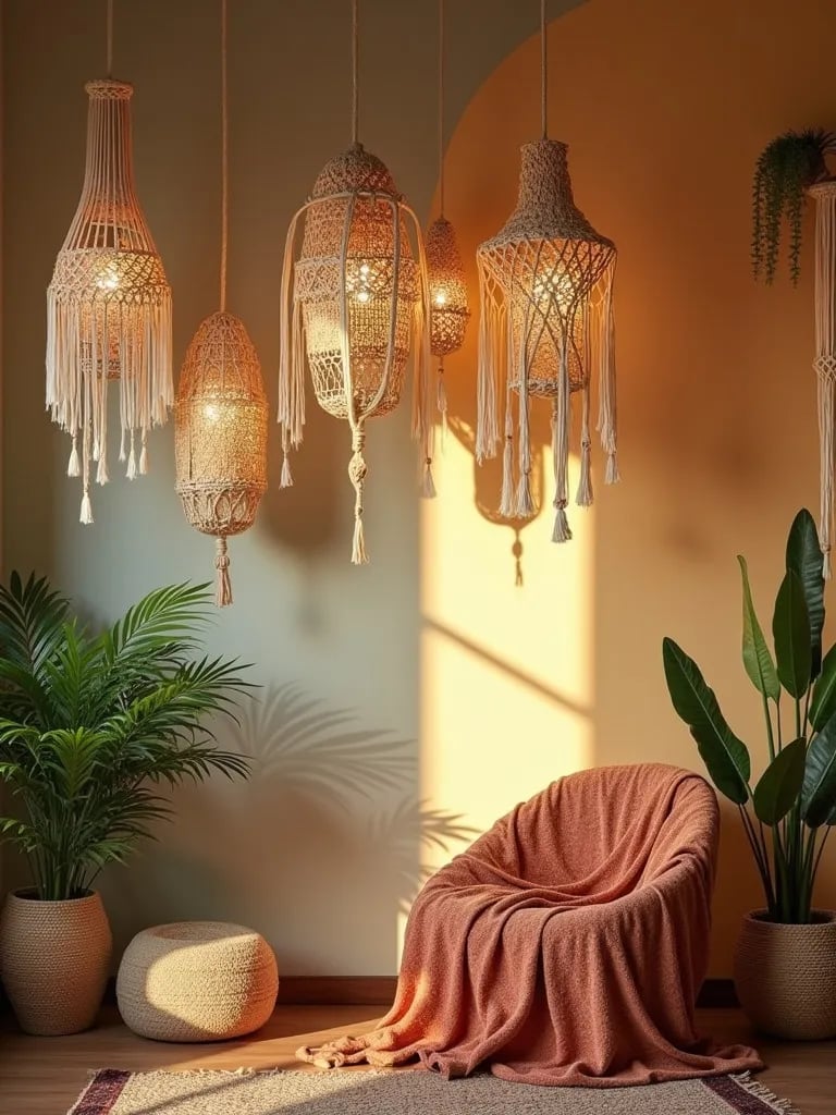 Colorful living room featuring hanging macramé lamp shades and plants