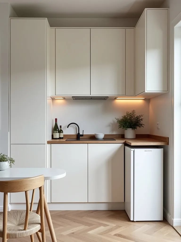 Compact Scandinavian kitchen with hidden appliances and fold down table