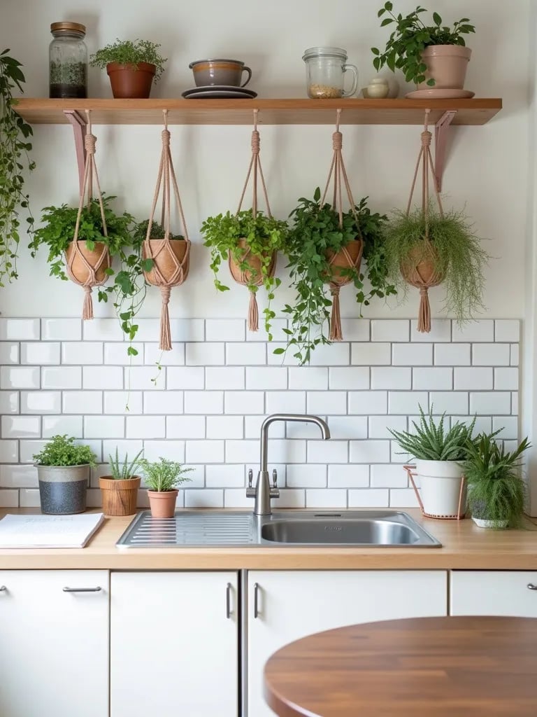 Compact Scandinavian kitchen with white tiles and various hanging and potted plants