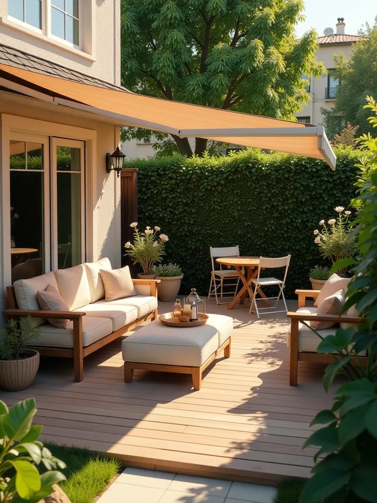 Compact backyard featuring adjustable shading and convertible furniture