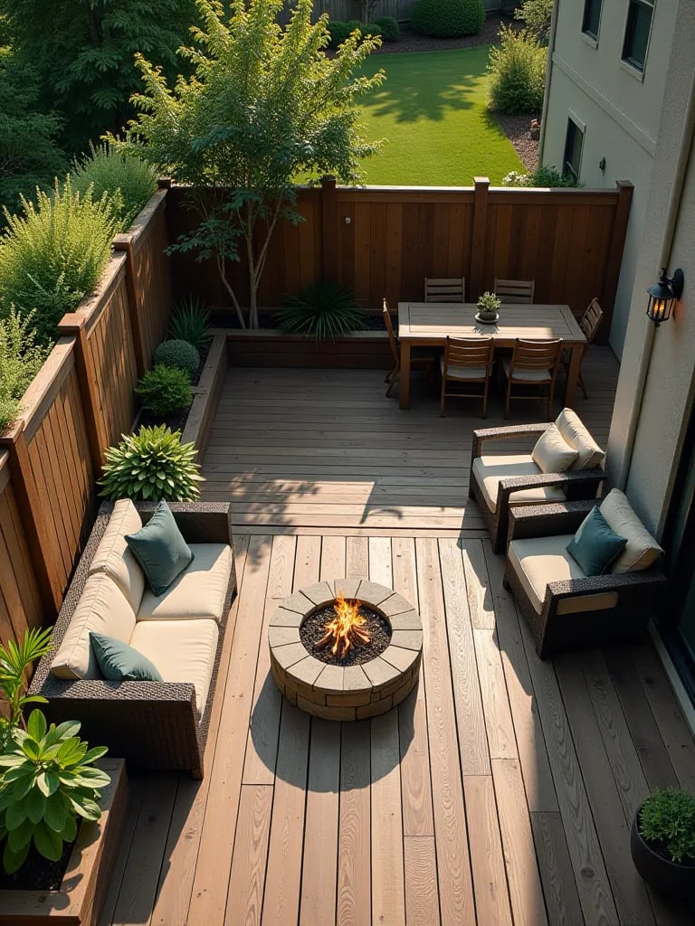 Compact backyard featuring tiered wooden decks and integrated planters