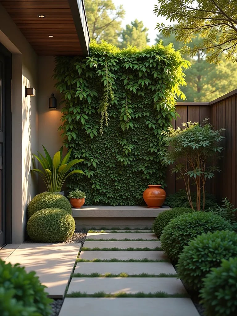 Compact backyard featuring vertical garden and integrated seating area