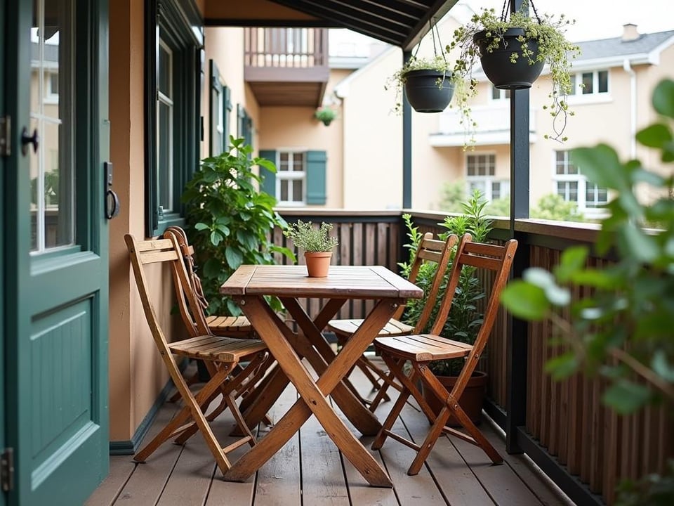 Compact balcony dining area with handmade furniture and vertical gardening