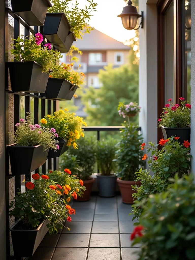 Compact balcony featuring vertical garden panels with diverse plants