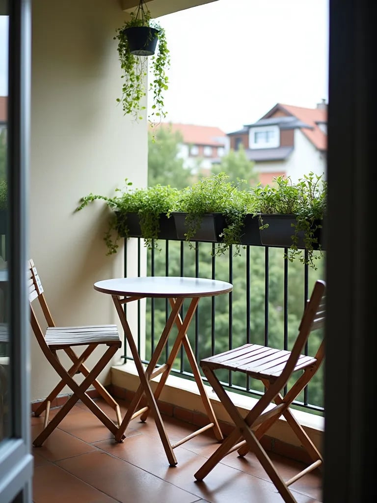 Compact balcony with fold down table, chairs, and hanging plants