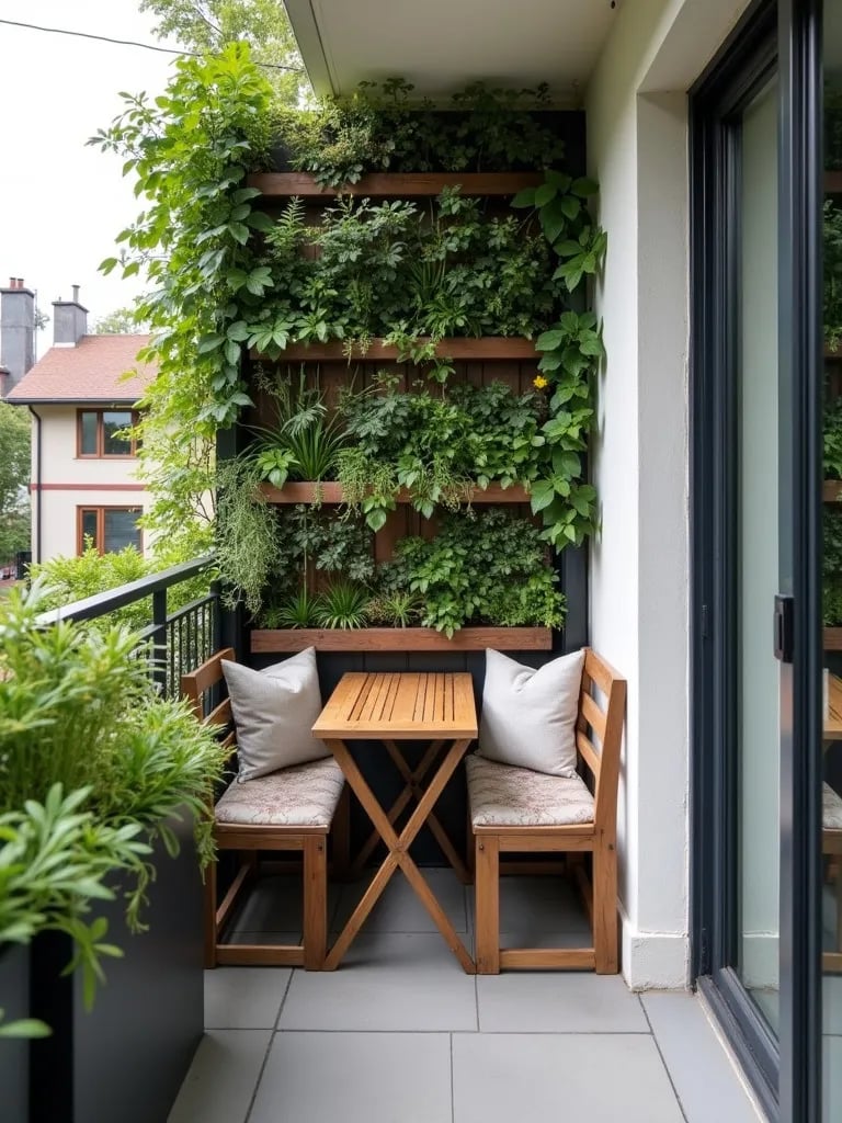 Compact balcony with vertical garden and fold down furniture