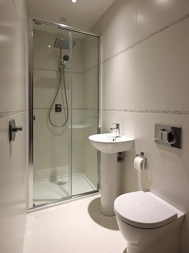 Compact bathroom with corner shower, wall mounted toilet, and pedestal sink