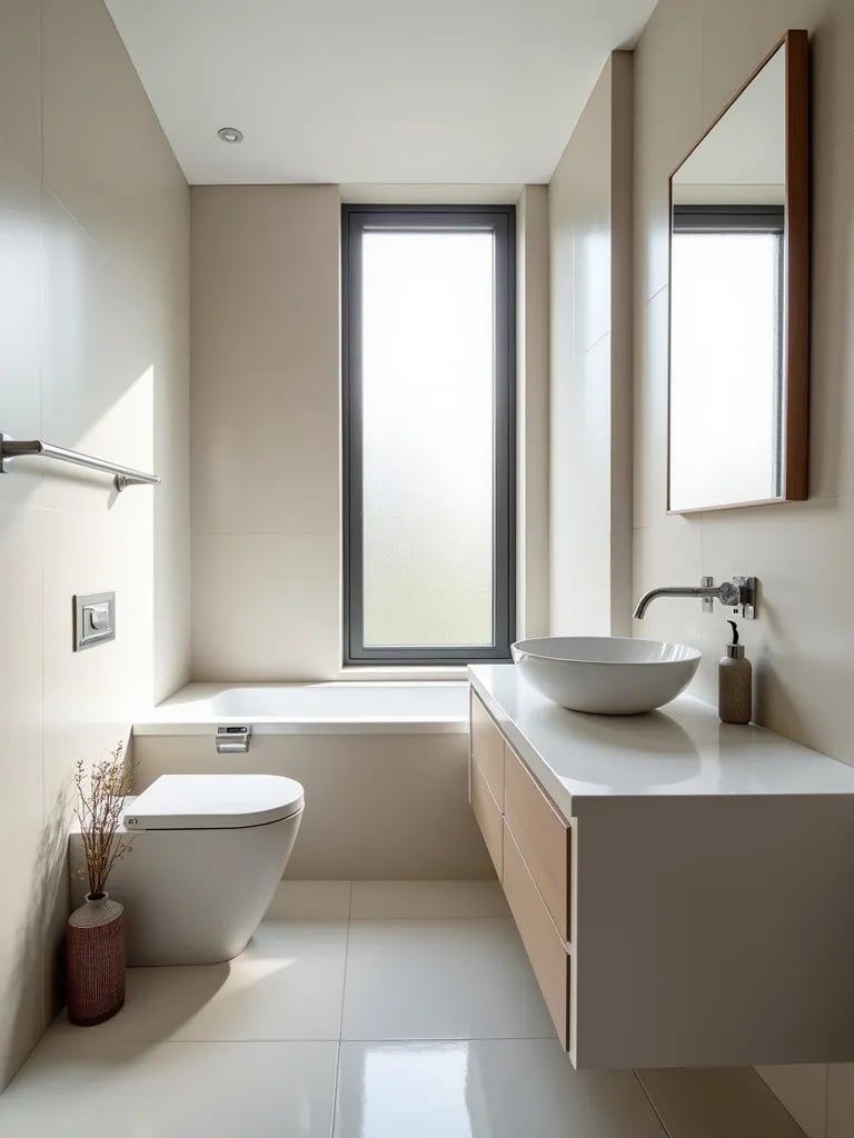 Compact bathroom with corner tub, wall mounted toilet, and slim vanity