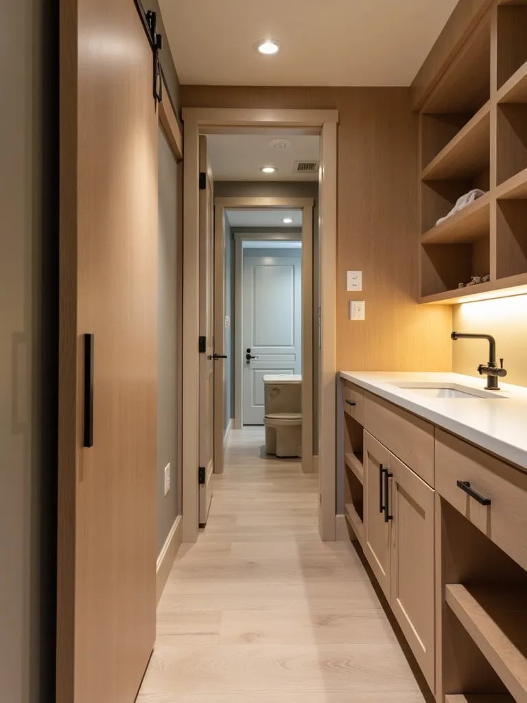 Compact bathroom with sliding barn door and built in storage